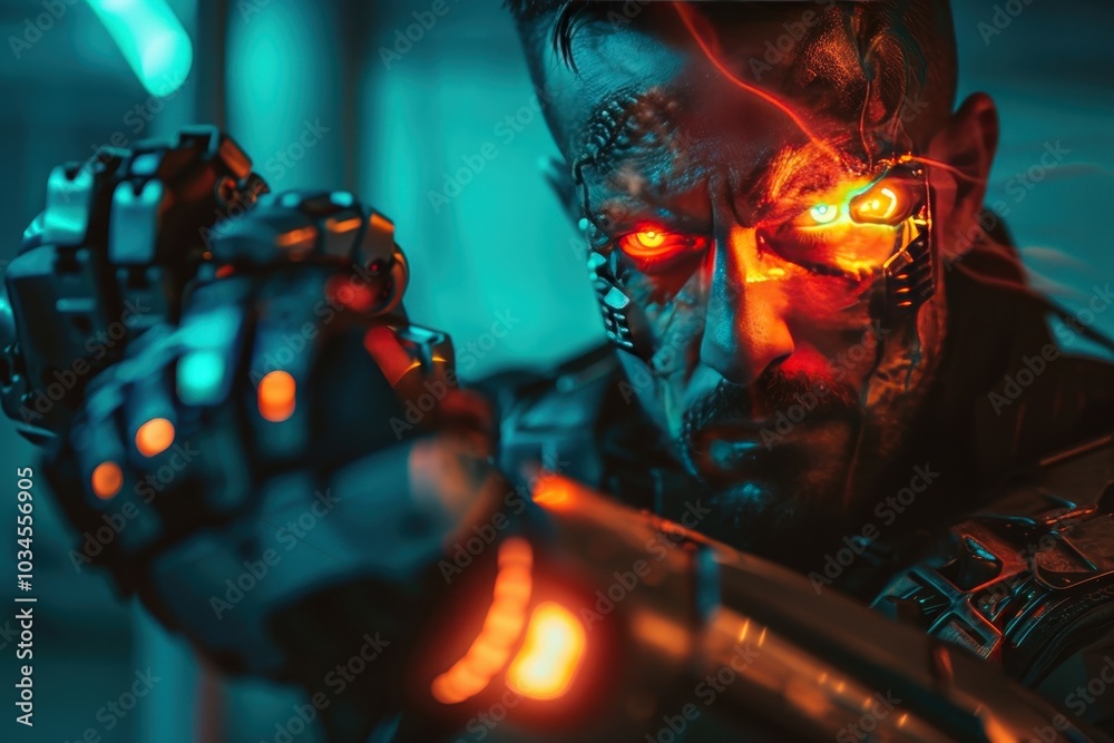 A character with glowing eyes and a futuristic weapon in a dark, sci-fi environment prepares for an intense action moment during a nighttime operation A character with glowing eyes and a futuristic weapon in a dark, sci-fi environment prepares for an intense action moment during a nighttime operation