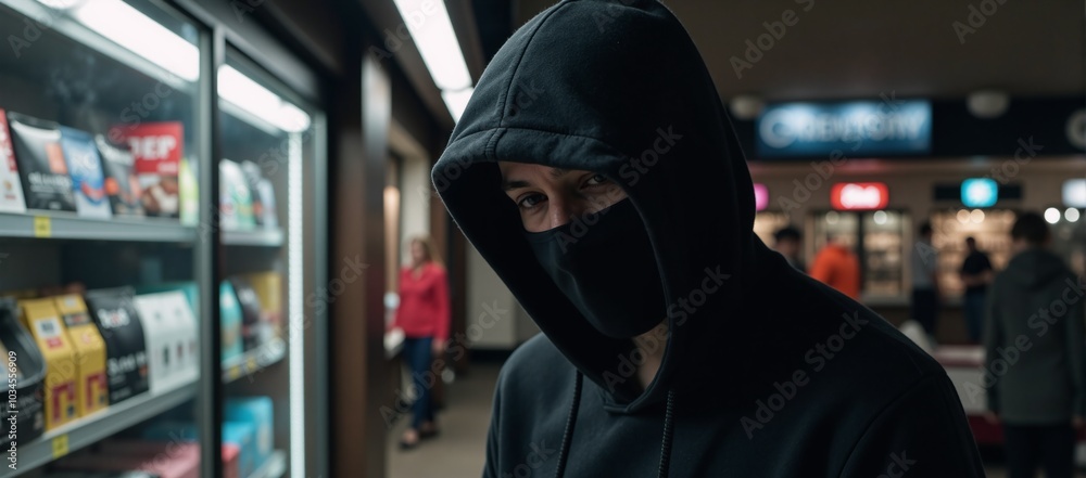 A hooded figure depicted as a retail robber committing urban crime at night A hooded figure depicted as a retail robber committing urban crime at night