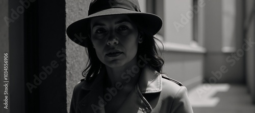 Noir female detective investigates mystery in trench coat and fedora photo