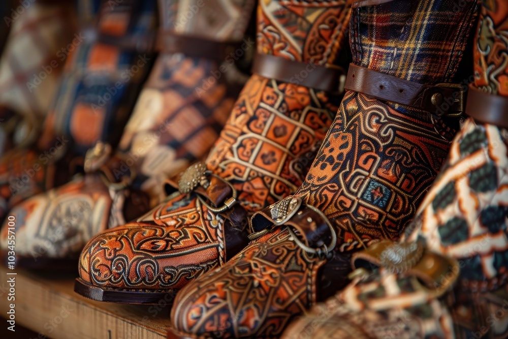 Unique patterned open-toe shoes displayed on a plaid fabric background highlighting intricate details and design artistry Unique patterned open-toe shoes displayed on a plaid fabric background highlighting intricate details and design artistry