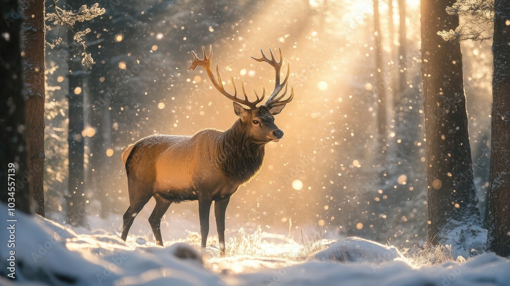 Majestic Deer in Sunlit Winter Forest Scene Majestic Deer in Sunlit Winter Forest Scene