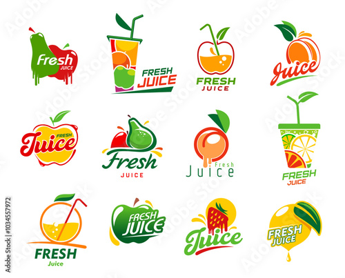 Fresh juice icons, fruit drink and smoothie beverage labels. Vector orange, lemon and lime, apple, strawberry, peach and pear fruits symbols with juice splashes and drops, cups with straws and leaves