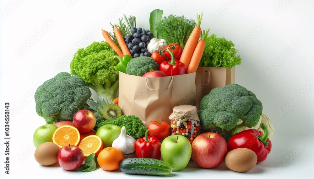 Healthy food background. Healthy food in paper bag vegetables and fruits on white. Food delivery, shopping food supermarket concept Healthy food background. Healthy food in paper bag vegetables and fruits on white. Food delivery, shopping food supermarket concept