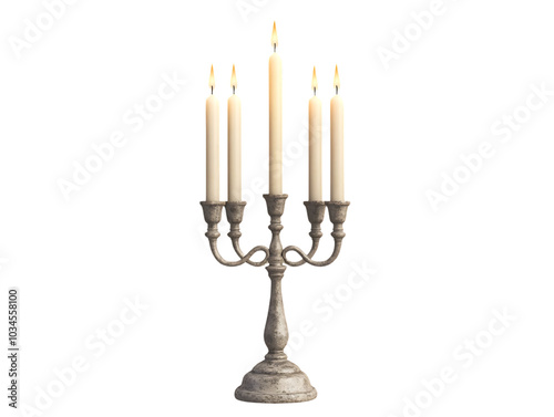 Elegant candelabra with six white candles, Transparent background.