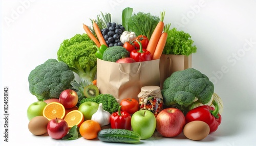 Healthy food background. Healthy food in paper bag vegetables and fruits on white. Food delivery, shopping food supermarket concept