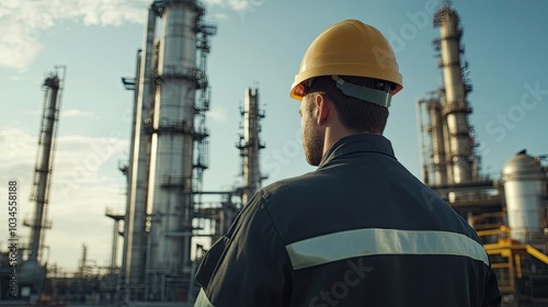 Worker Observing Industrial Oil Refinery Operations