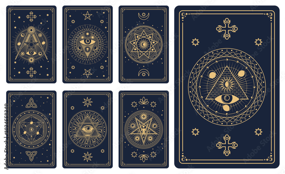 Mystic tarot cards with vector line celestial frames and magic esoteric pattern. Vintage Moon, Sun and stars with hexagram, eye of providence, skull and pentacle occult symbols, tarot cards back set