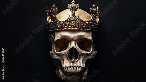 A single, frontal image of a monarch's skull with a golden crown on a pitch-black backdrop. 