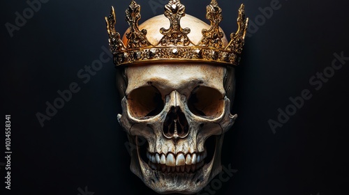 A single, frontal image of a monarch's skull with a golden crown on a pitch-black backdrop. 