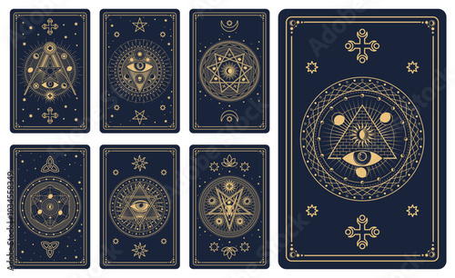 Mystic tarot cards with vector line celestial frames and magic esoteric pattern. Vintage Moon, Sun and stars with hexagram, eye of providence, skull and pentacle occult symbols, tarot cards back set