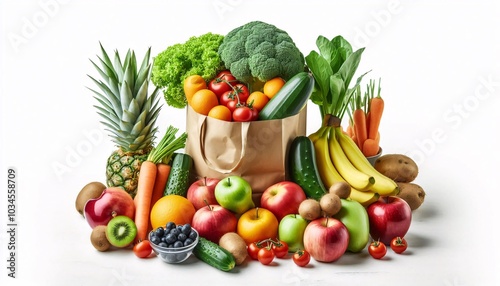 Healthy food background. Healthy food in paper bag vegetables and fruits on white. Food delivery, shopping food supermarket concept