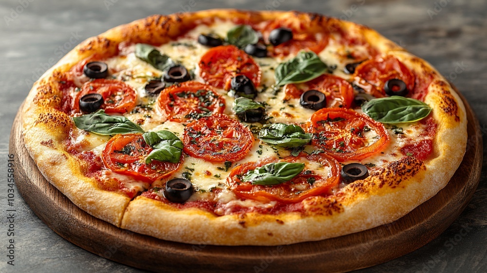 A close-up view of a freshly baked pizza with tomato, mozzarella, olives, and basil. A close-up view of a freshly baked pizza with tomato, mozzarella, olives, and basil.