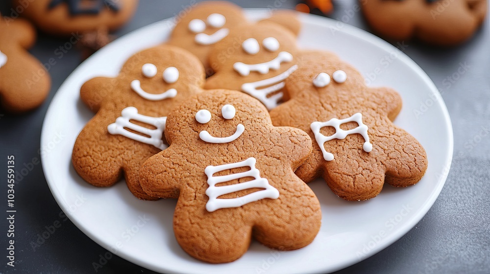 Gingerbread cookies for Halloween set on a white dish on a stone backdrop. Vibrant, handmade cookies for a Halloween celebration. Gingerbread cookies for Halloween set on a white dish on a stone backdrop. Vibrant, handmade cookies for a Halloween celebration.