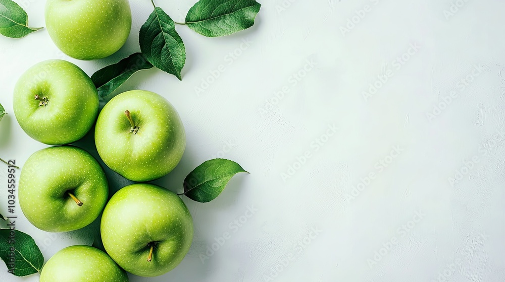 Fresh Green Apples with Leaves on Light Background Fresh Green Apples with Leaves on Light Background