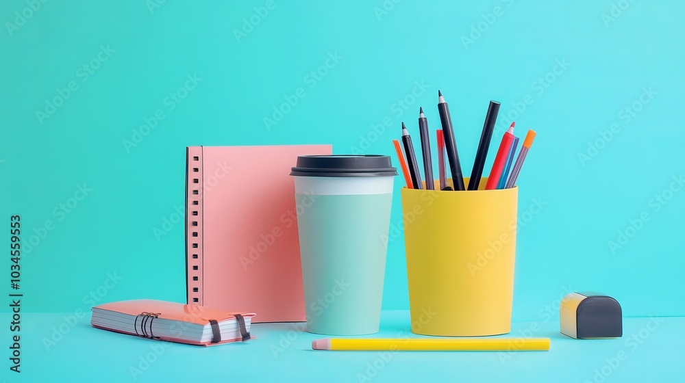 Obraz premium Blue background notebooks with markers and coffee.