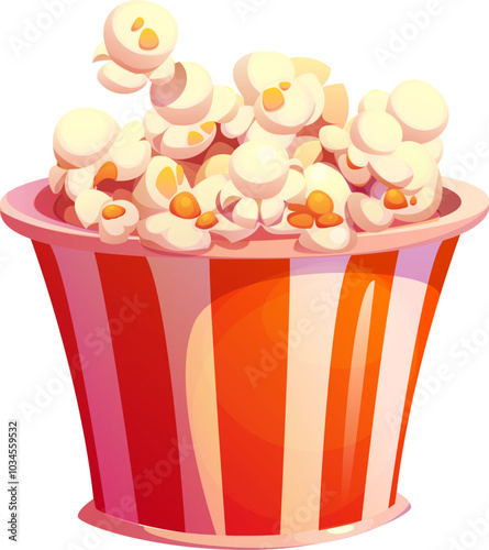 Cartoon popcorn bucket, fast food snack. Isolated vector white and red striped pop corn container with heap of seeds. Paper box with popcorn for cinema or movie theater entertainment, street meal