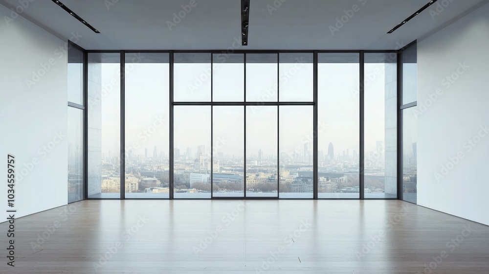 Fototapeta premium Modern Empty Room With City View Through Large Windows
