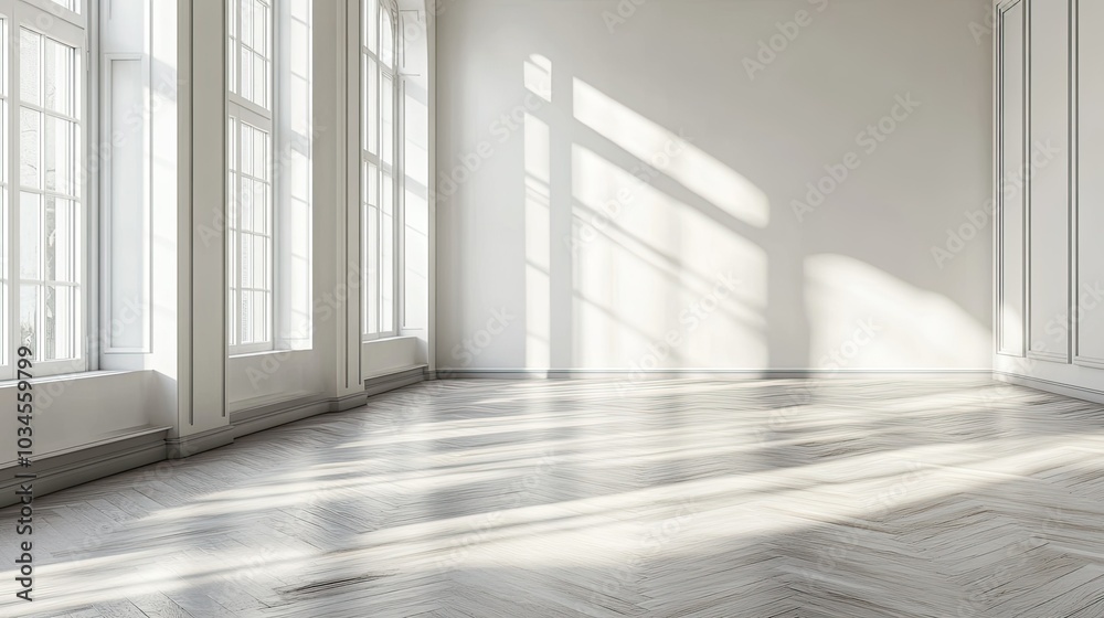 Bright Empty Room with Wooden Floor and Large Windows Bright Empty Room with Wooden Floor and Large Windows