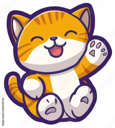 Cute Cartoon Vector of a Smiling Cat Waving - Adorable and Playful Pet Design for Animal and Feline-Themed Stock Art and Graphics
