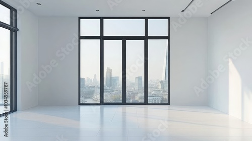 Modern Empty Room with City View Through Large Windows