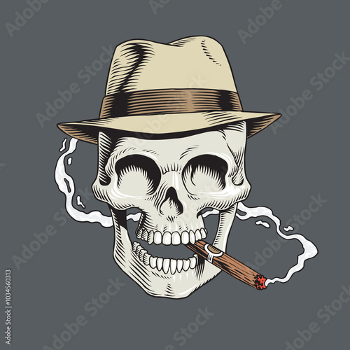 Gangster skull with smoking cigar in a hat. Human skeleton head, smiling dead mafioso boss face retro style vector illustration