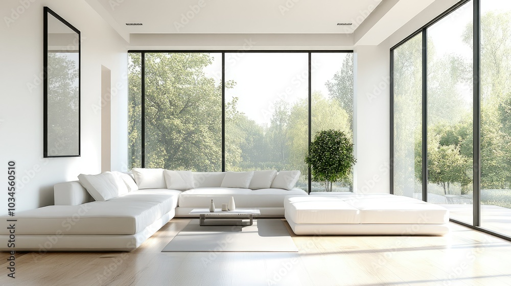 Modern bright living room with large windows Modern bright living room with large windows