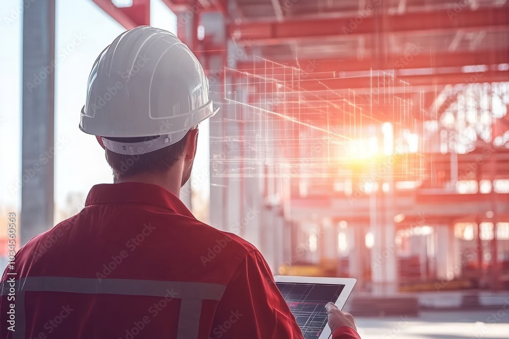 Engineer Viewing Digital Plans at Construction Site with Sunlight