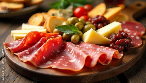 A beautifully arranged platter of traditional cold cuts, cheeses, and Italian appetizers.






 photo