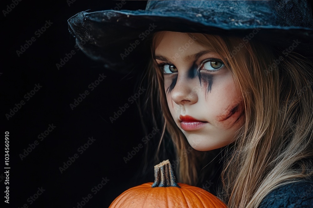 Serious Halloween witch holding Jack O'Lantern pumpkin looking to side at copy space on black background. Preteen girl with terrifying makeup and witch hat, close up - generative ai Serious Halloween witch holding Jack O'Lantern pumpkin looking to side at copy space on black background. Preteen girl with terrifying makeup and witch hat, close up - generative ai