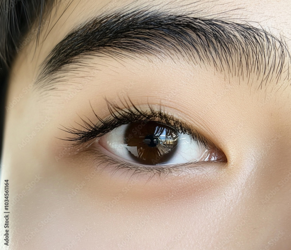 Obraz premium a phone photo of an Asian boy's eye, with black eyeliner and long brown lashes. There’s some light reflecting on one side of her eyebrow which gives it that subtle shadowing effect