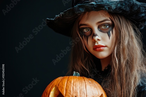 Serious Halloween witch holding Jack O'Lantern pumpkin looking to side at copy space on black background. Preteen girl with terrifying makeup and witch hat, close up - generative ai