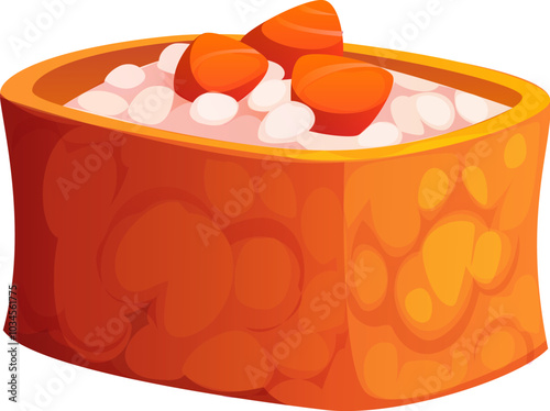 Cartoon inari Japanese sushi, roll topped with glistening salmon pieces, nestled on a fluffy bed of sushi rice encased in a fried tofu belt. Isolated vector traditional Japanese seafood delicacy meal