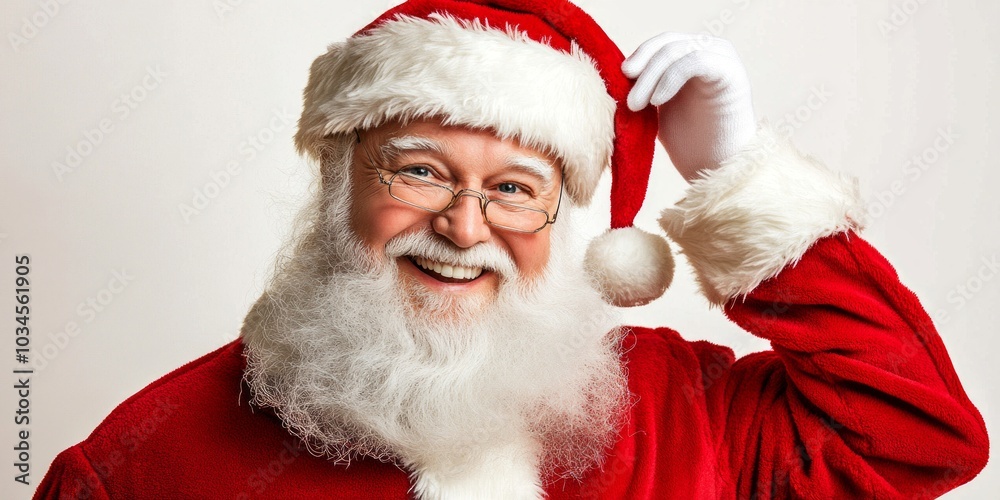 A jolly Santa with a cheerful smile waves at the camera. His classic red suit and white beard embody the spirit of Christmas. This festive image captures joy and celebration. AI A jolly Santa with a cheerful smile waves at the camera. His classic red suit and white beard embody the spirit of Christmas. This festive image captures joy and celebration. AI