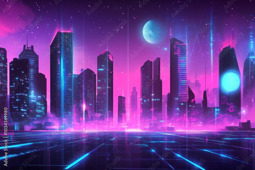 Neon Lit Futuristic Cityscape Under Moonlit Sky Neon Lit Futuristic Cityscape Under Moonlit Sky