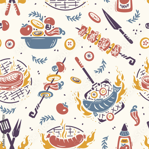 BBQ Party Time. Vector Seamless Food Pattern of Barbecue Grill Meat and Vegetable. Meat Kebab or Shashlik and Barbeque Vegetable Skewer.