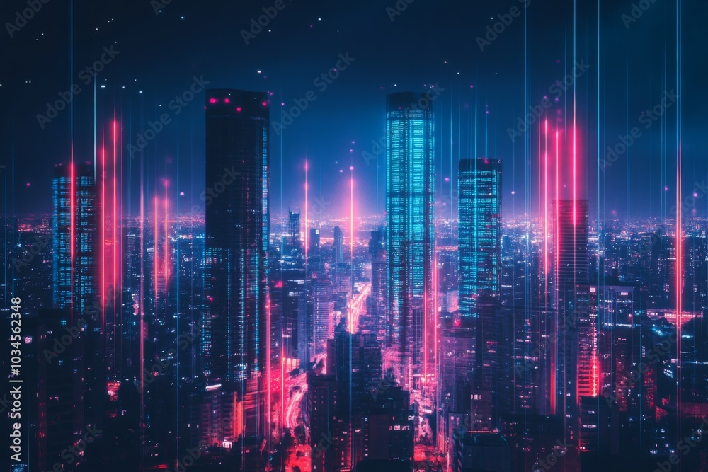 Futuristic Neon Cityscape Illuminated by Pink and Blue Lights Futuristic Neon Cityscape Illuminated by Pink and Blue Lights