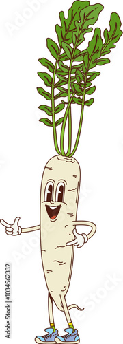Groovy daikon vegetable retro character with big, expressive eyes and a friendly smile flashing a funky pointing hand gestures. Isolated cartoon vector radish, farm food personage exudes playful vibes
