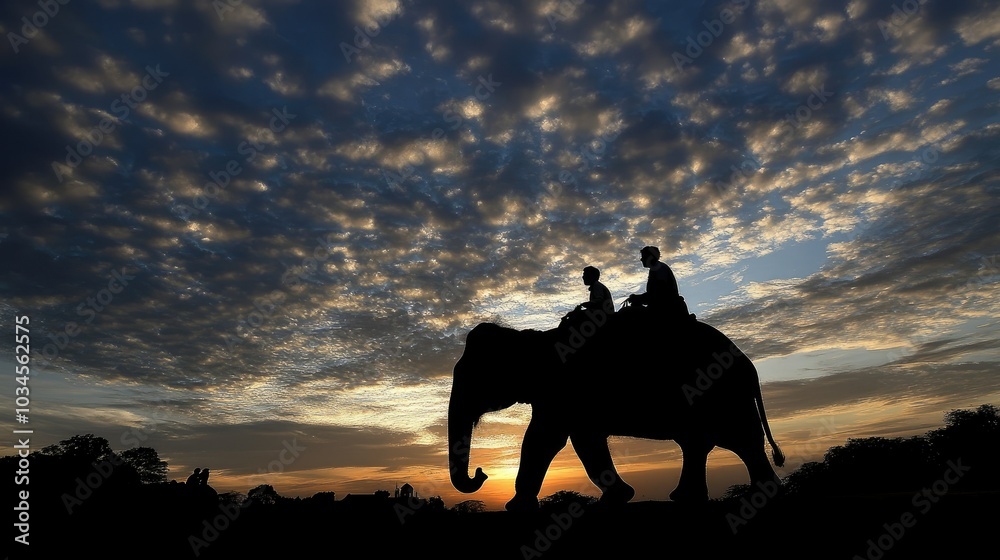 Serene Sunset Ride on an Elephant Silhouette Serene Sunset Ride on an Elephant Silhouette