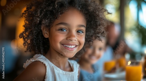 A cheerful young girl with curly hair grins at the camera while sitting at a cafe table. Friends and colorful drinks are visible in the background, adding warmth to the setting.