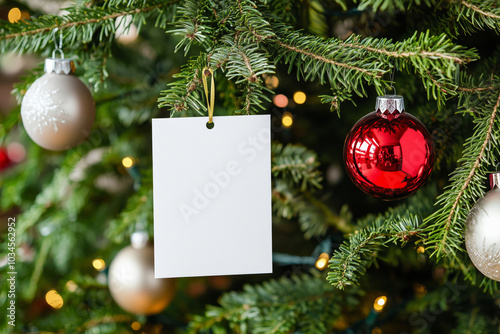 White blank mock up card hagning on a Christmas tree with colorful ornaments photo