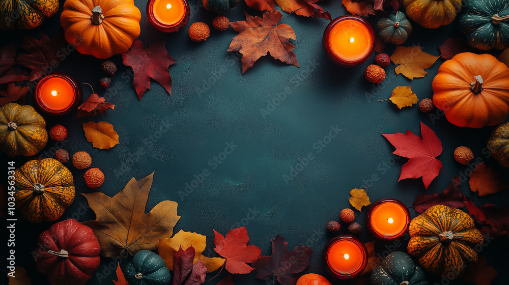 Pumpkins, candles, and berries on dark background, thanksgiving festive decoration, copy space for seasonal invitations or holiday celebration design templates Pumpkins, candles, and berries on dark background, thanksgiving festive decoration, copy space for seasonal invitations or holiday celebration design templates
