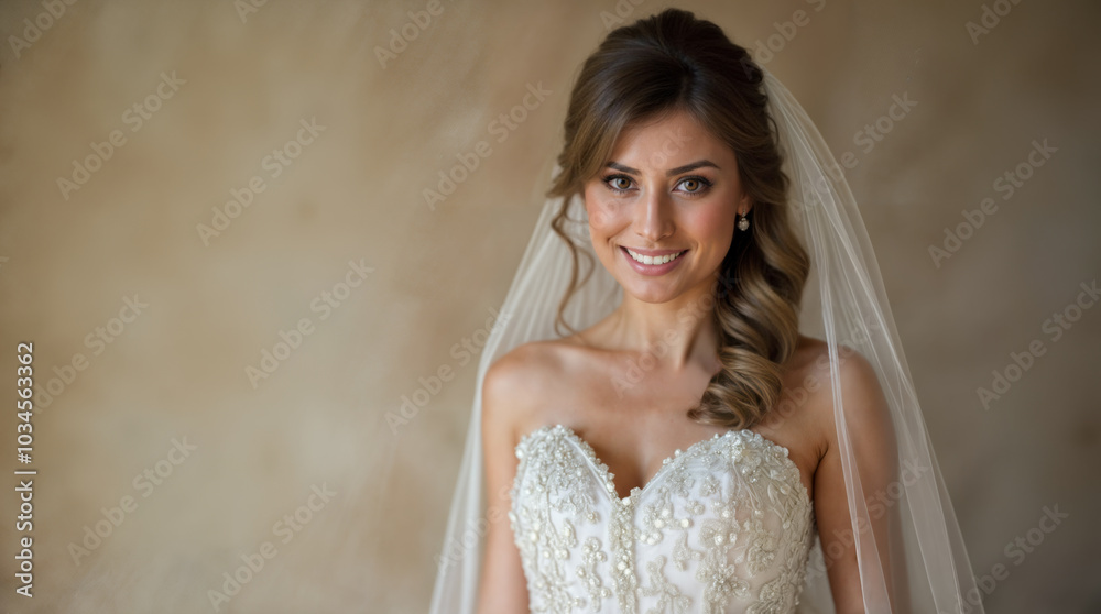 A beautiful bride posing in her wedding gown. She is smiling and has long brown hair with soft curls. She is isolated against a tan background. Copy space. A healthy complexion and natural makeup. A beautiful bride posing in her wedding gown. She is smiling and has long brown hair with soft curls. She is isolated against a tan background. Copy space. A healthy complexion and natural makeup.