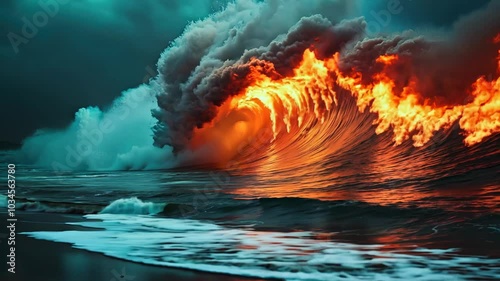 The beach, the water receding is on fire like an oil fire, one huge blue wave is about to smother the fire. Flames also in water, blue wave is awesome Video