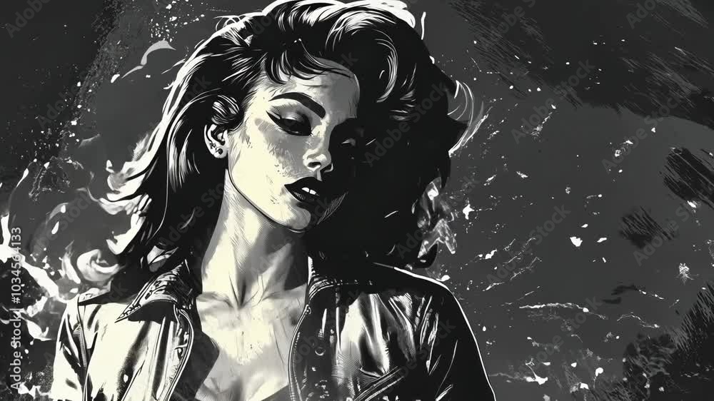 Rockabilly woman wearing a leather jacket and jeans, pin-up aesthetic sketch engraving generative ai fictional character raster . Scratch board imitation. Black and white image. Video