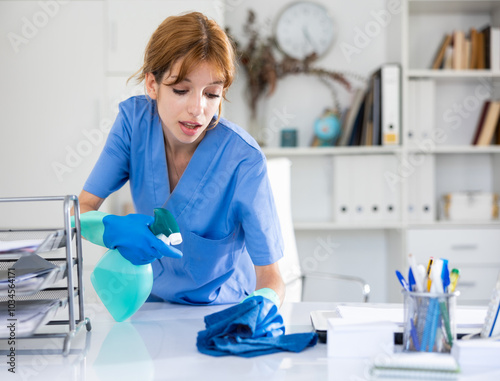 Cleaning lady of cleaning company wipes dust from table in the office photo