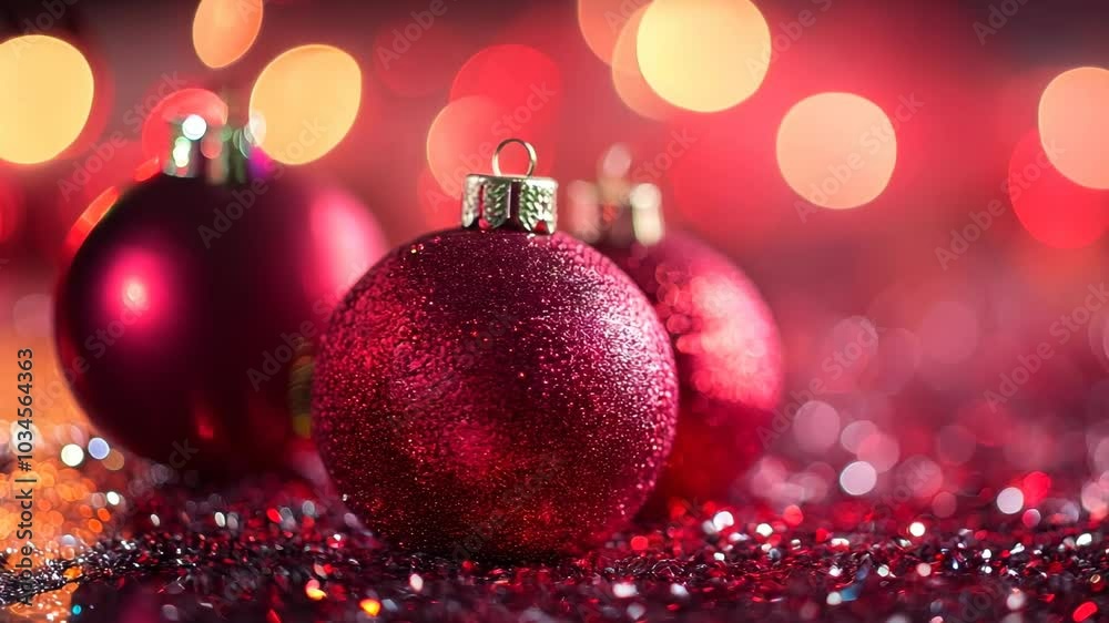 Sparkling red Christmas ornaments on glittering surface with bokeh lights in festive ambiance Video Sparkling red Christmas ornaments on glittering surface with bokeh lights in festive ambiance Video
