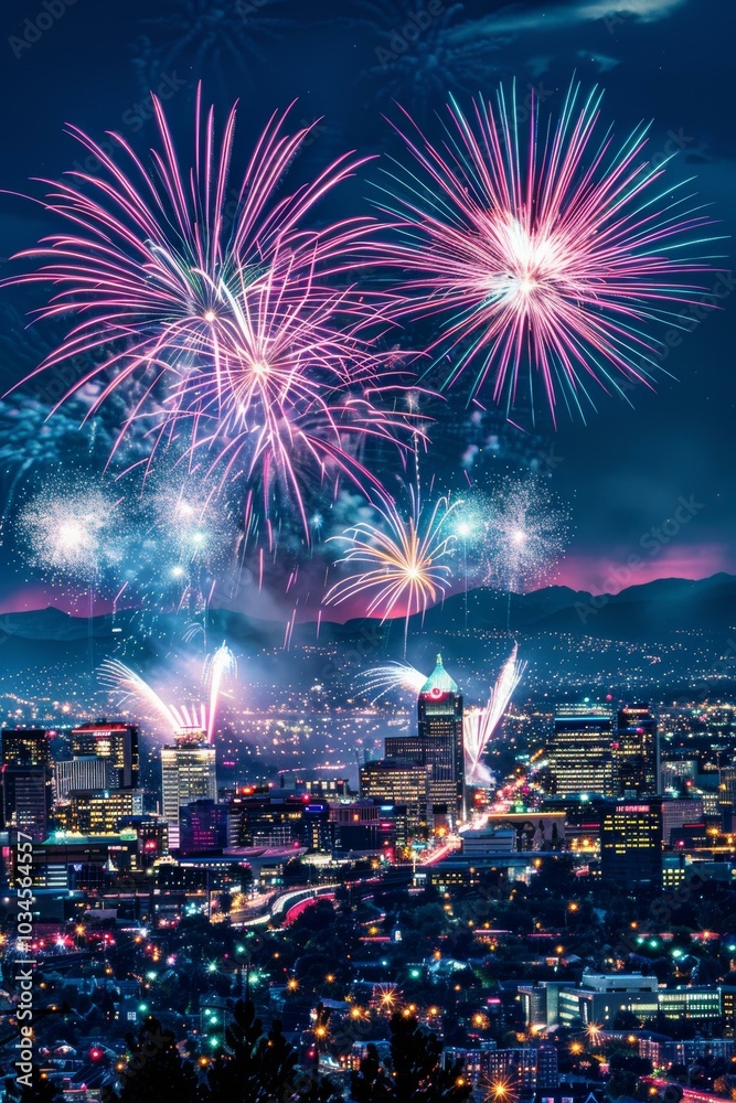 Fireworks over Denver skyline during a festive celebration night with colorful illuminations and city lights Fireworks over Denver skyline during a festive celebration night with colorful illuminations and city lights