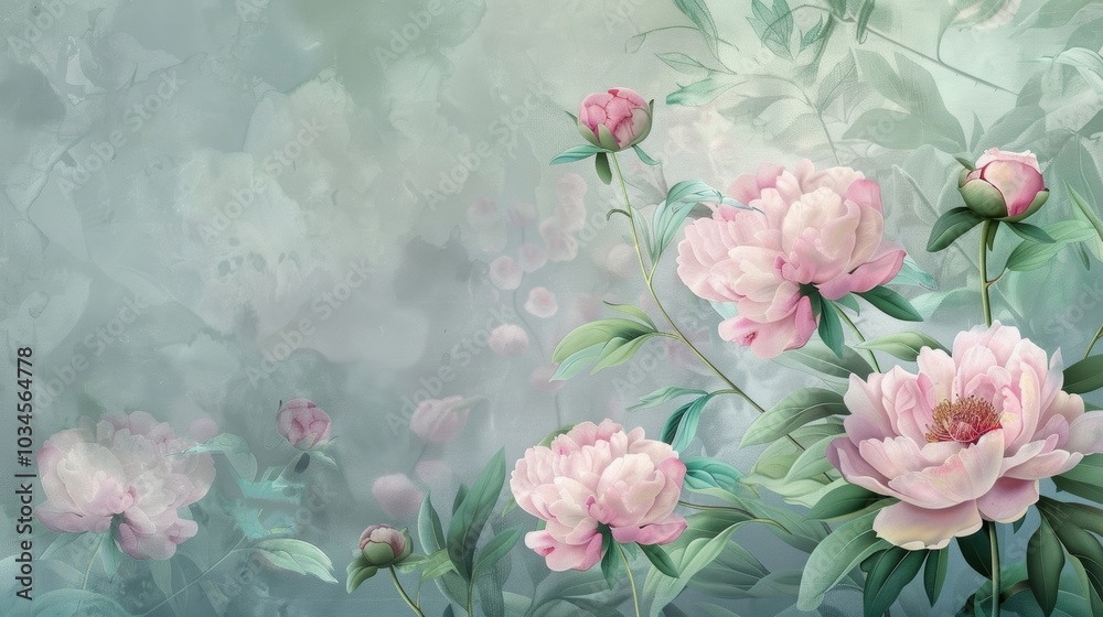 A faded botanical illustration with a subtle grainy texture evoking a sense of nostalgia and faded beauty. The design showcases delicate pink peonies green leaves and a gradient backgroun A faded botanical illustration with a subtle grainy texture evoking a sense of nostalgia and faded beauty. The design showcases delicate pink peonies green leaves and a gradient backgroun
