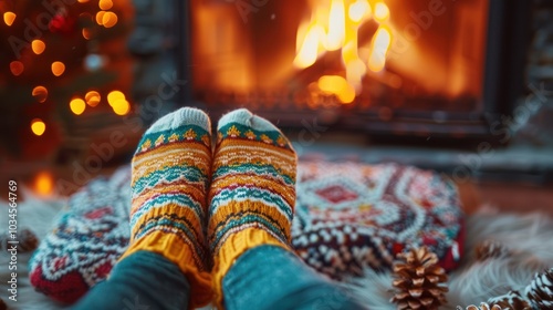 Cozy Winter Evening: Women's Feet in Warm Socks by Home Fireplace