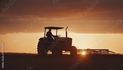 silhouette of farmer on tractor fixed with harrow plowing agriculture field soil during dusk